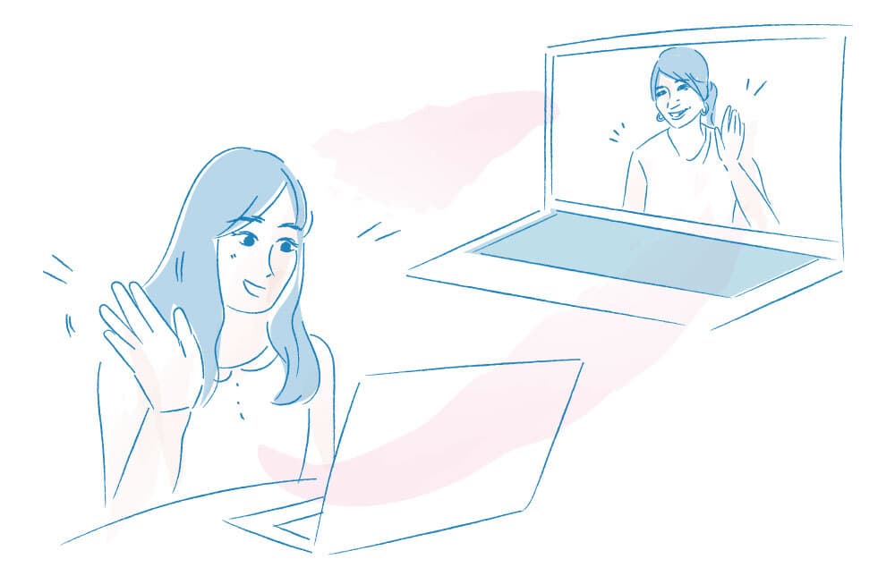 ビデオ通話で笑顔で手を振り合い、対話の喜びを分かち合うイラスト
